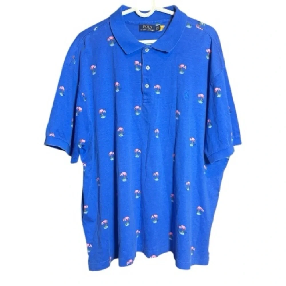 Polo Ralph Lauren Mens 2TG (2X Tall) Short Sleeve Shirt Blue Pink Flamingo